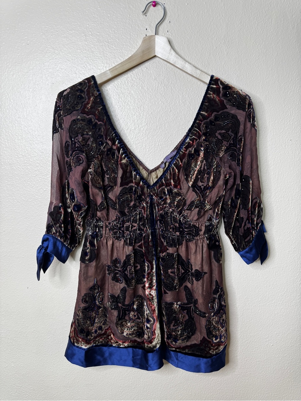 Hale Bob Womens L Silk Velvet Burnout Tunic Blouse Purple Beaded Paisley Y2K